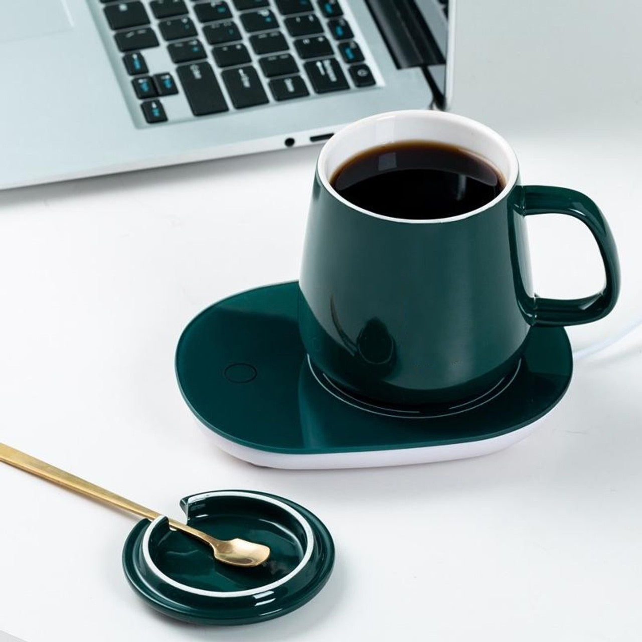 Set Cana din ceramica cu autoincalzire si lingurita, cu pad incalzitor prin inductie